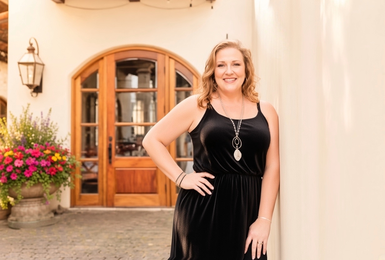 Maranda Godwin smiling in a black dress beside an arched wooden door and an urn of pink flowers