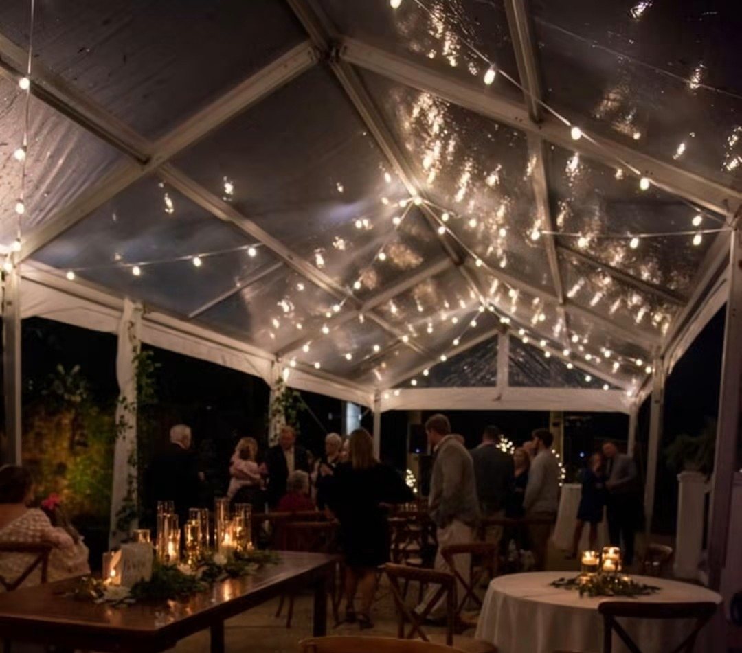 Clear tent reception under string lights