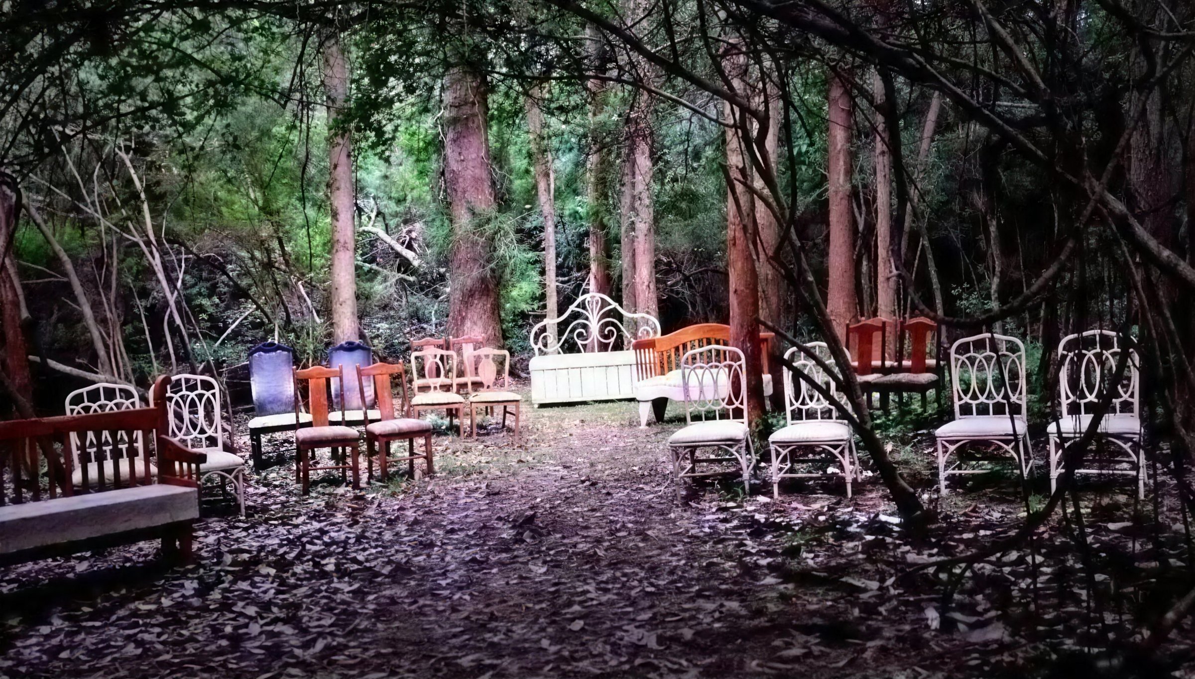 Woodland ceremony set with mixed vintage chairs and benches
